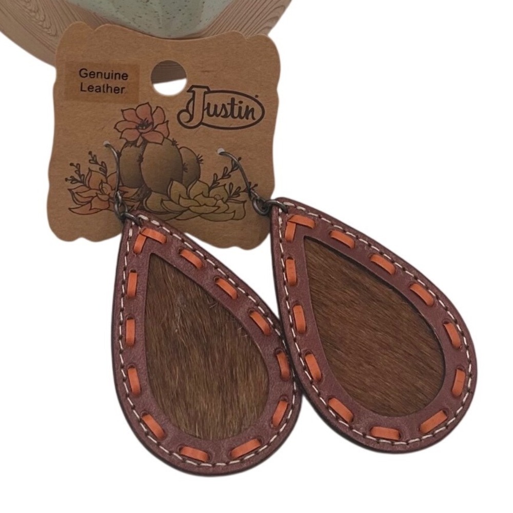Justin Womens Genuine Leather Hair on Hide Teardrop Earrings Brown Boho Cowgirl